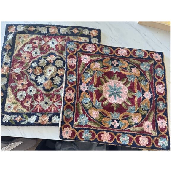 Set of 2 Kashmiri Crewel Embroidered Pillow Covers 16x16” Floral Boho Vintage - Picture 1 of 7